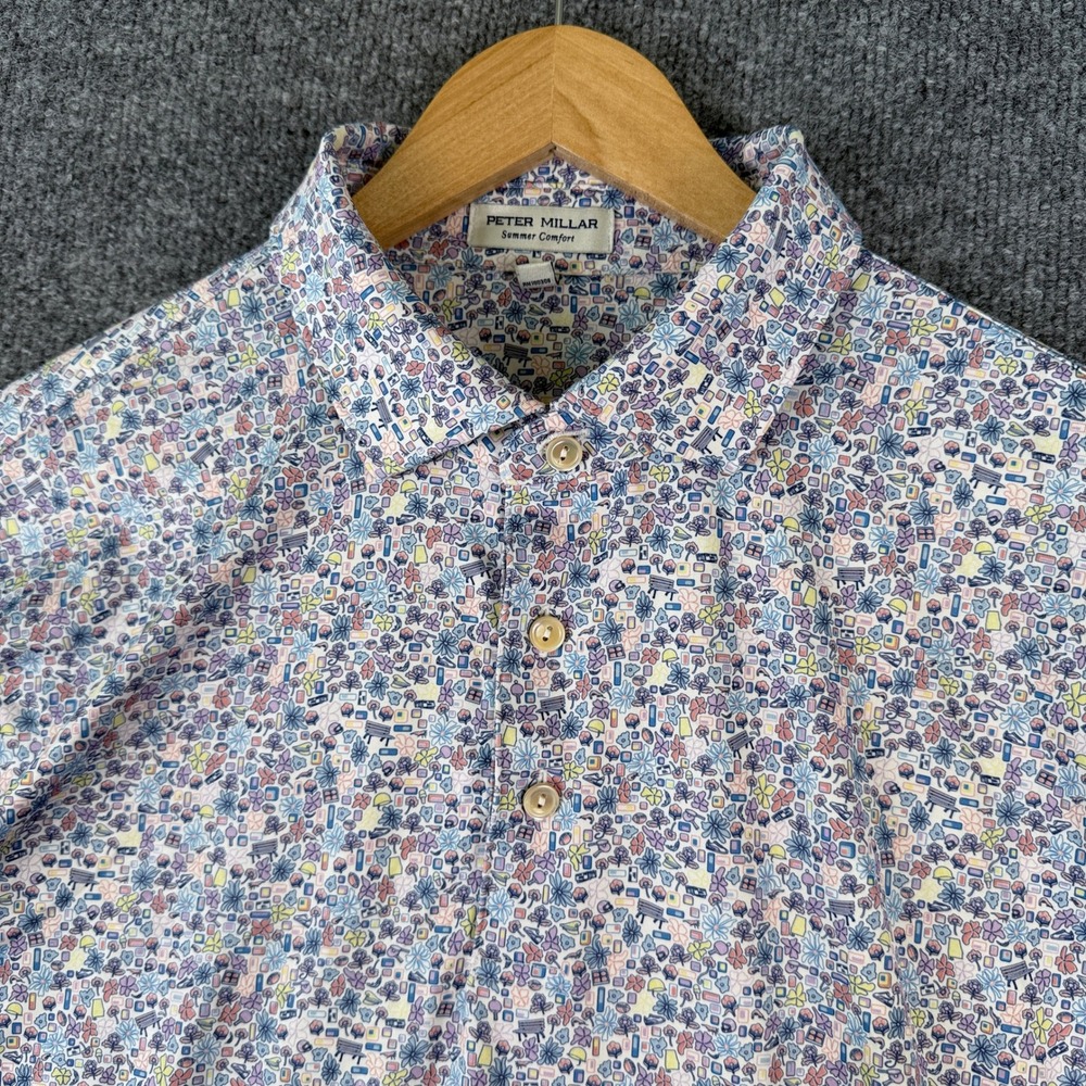 Peter Millar Summer Comfort Polo Shirt Mens L Floral Print Bali Hai Golf
